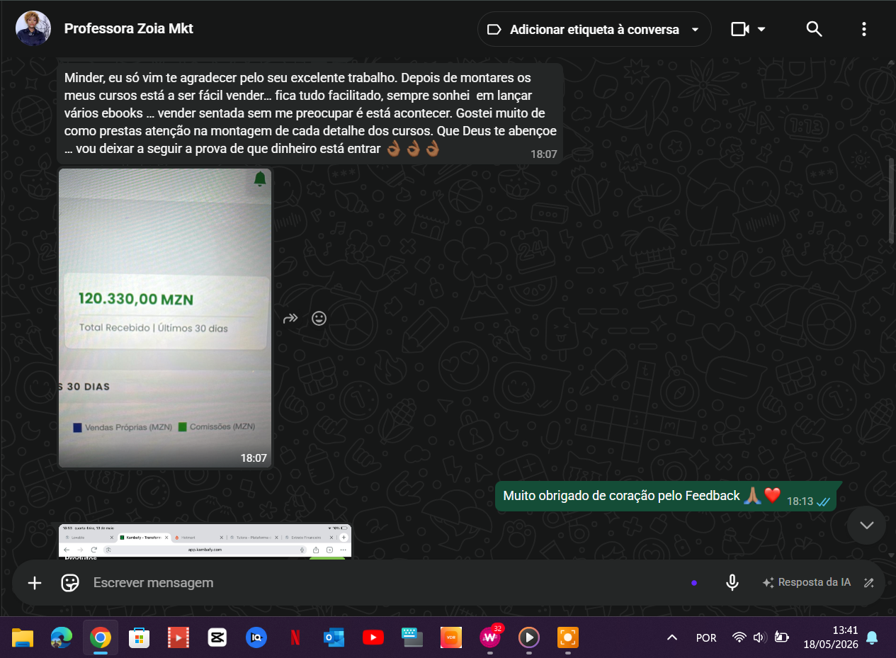 Mensagem de agradecimento da Professora Zoia mostrando 120.330 MZN recebidos em 30 dias